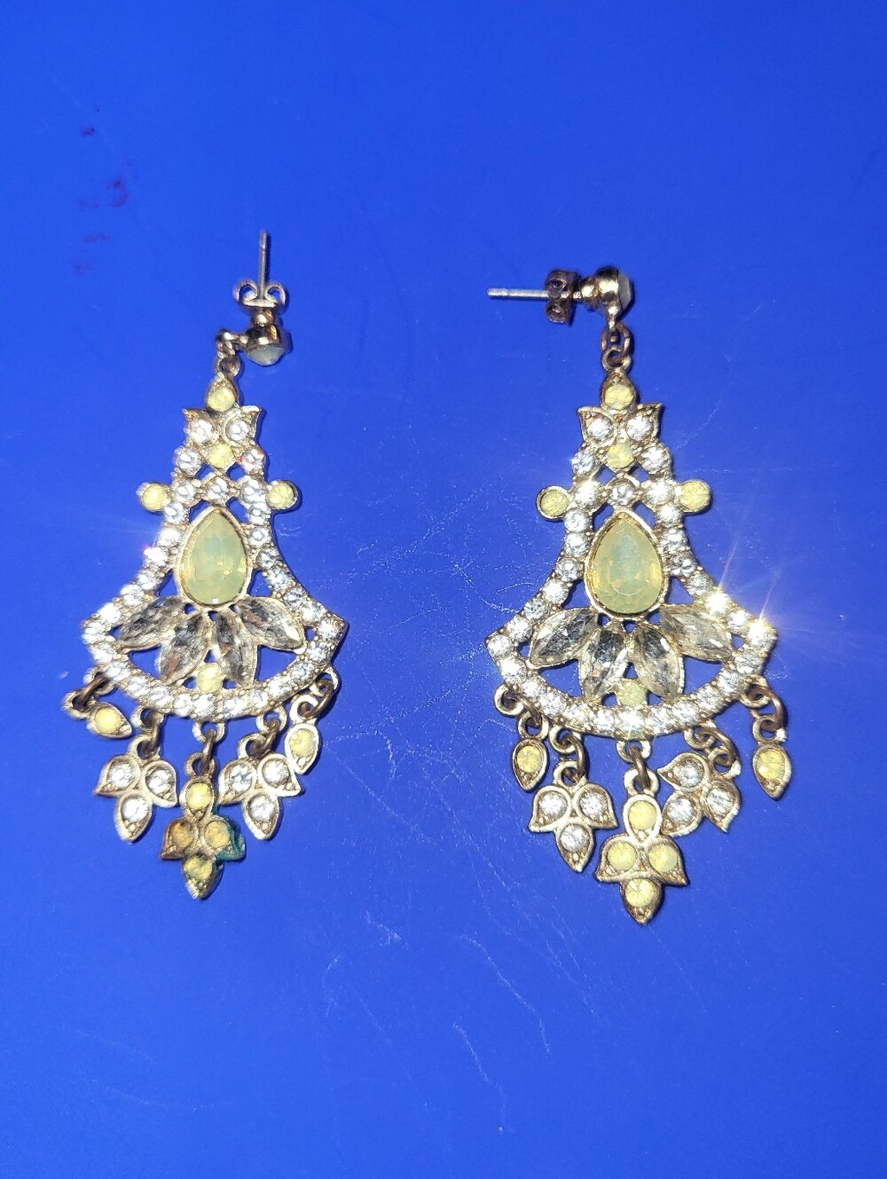 Vintage Gold Chandelier Statement Earrings Cloudy Yellow Dangle - As Is